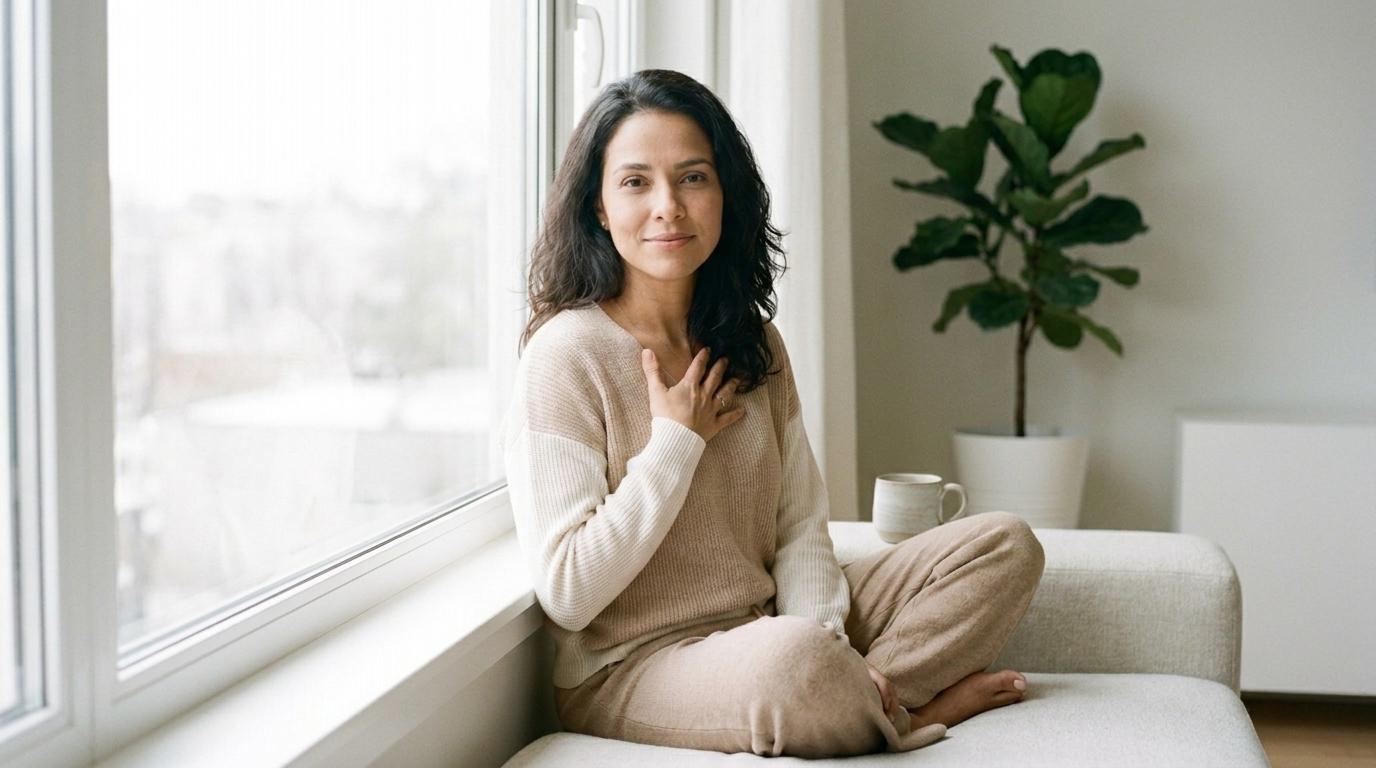 Mulher respirando com calma perto de uma janela com luz natural, ambiente leve e organizado